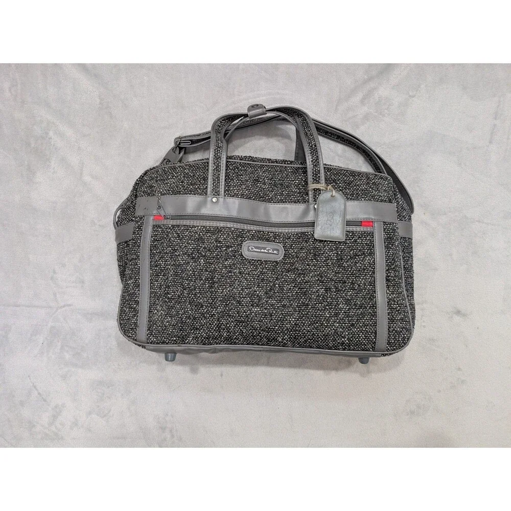 Oscar De La Renta Grey Tweed Leather Trim Luggage Duffle Bag Vintage Rare